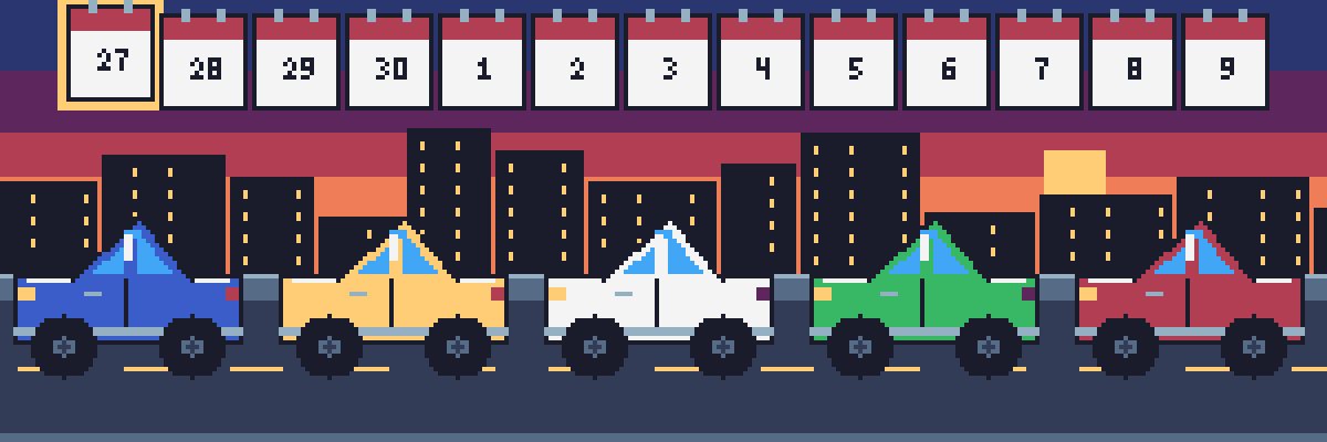 Calendario de trece días sobre una calle de Asfalto 8-Bit.