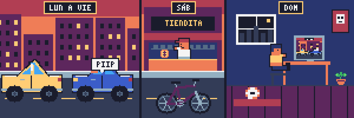 Escenas del trabajo, la tienda del sábado y el descanso del domingo.