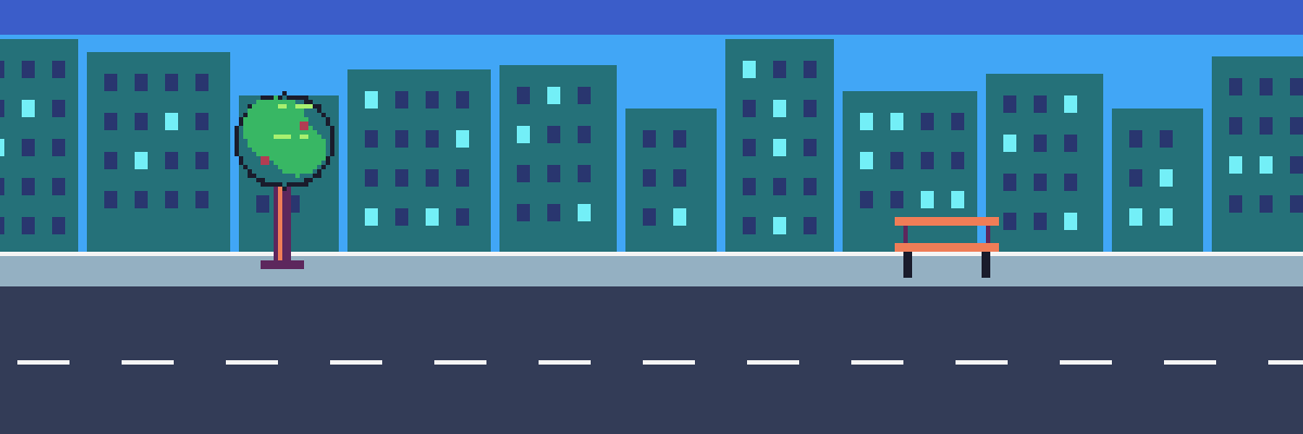 Una calle de la ciudad con árboles y una banca.